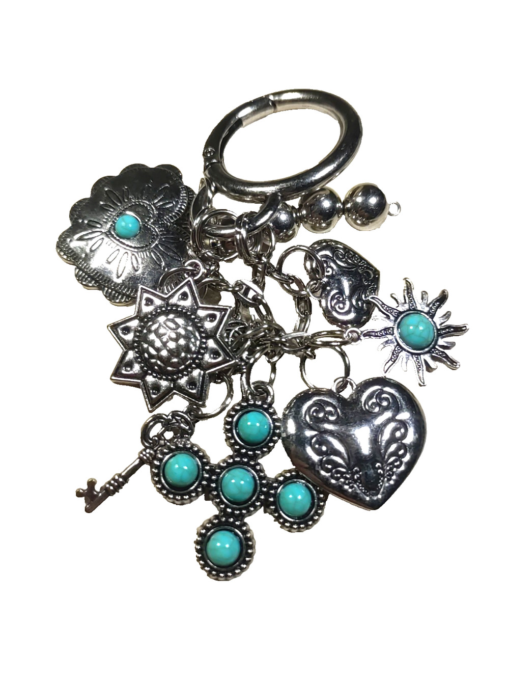 Western Charm Keychain Silver Tone Blue Faux Turquoise Hearts Star Key